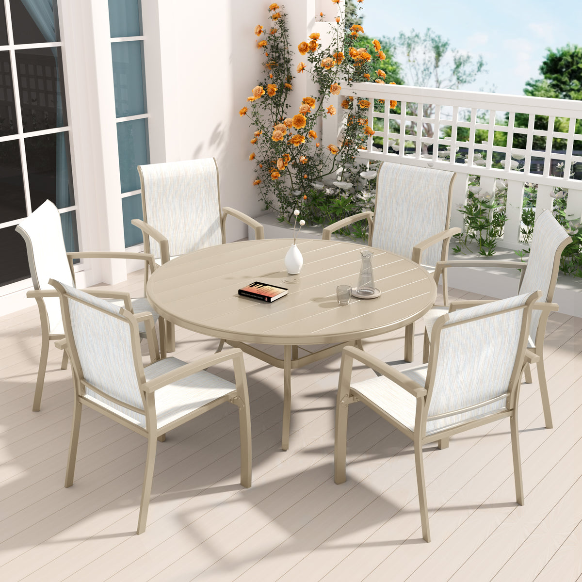 Sandstone Metal Stackable 7-Piece Patio Dining Set for 6, Round