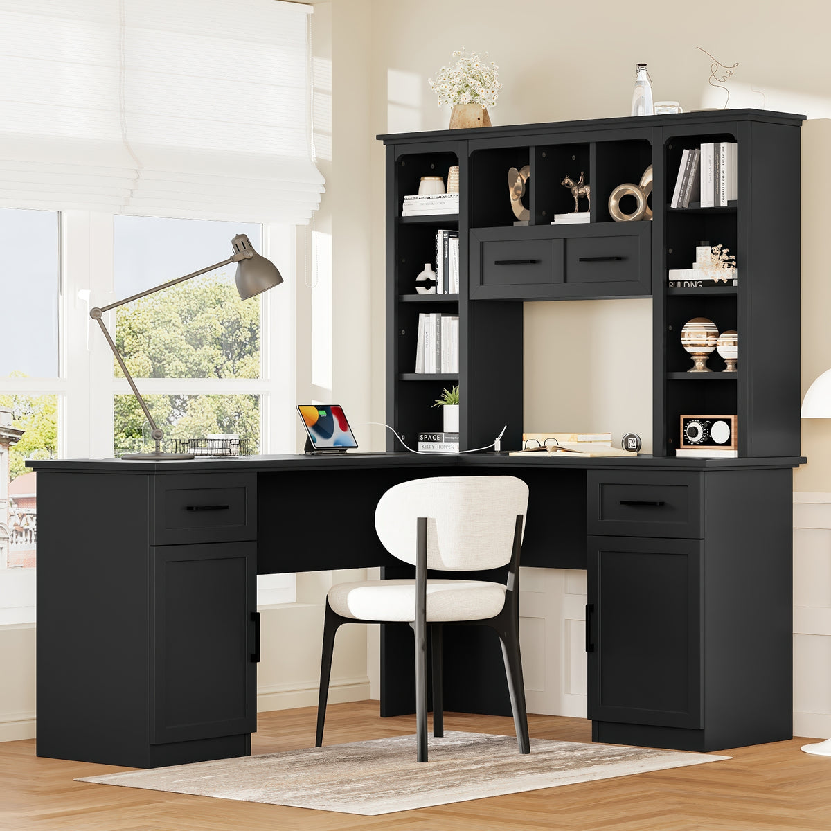 Computer Desk, 2 Drawers, L-Shaped, 65 in, Black