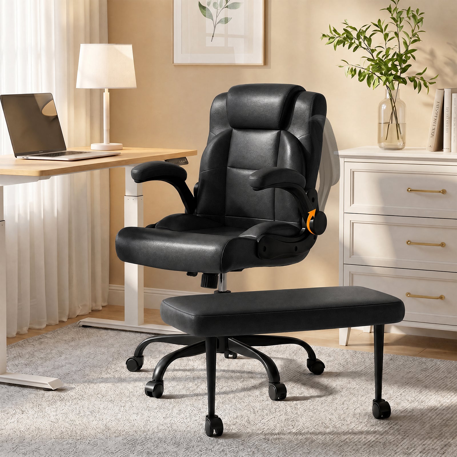 Black Vegan Leather Office Chair, Footrest