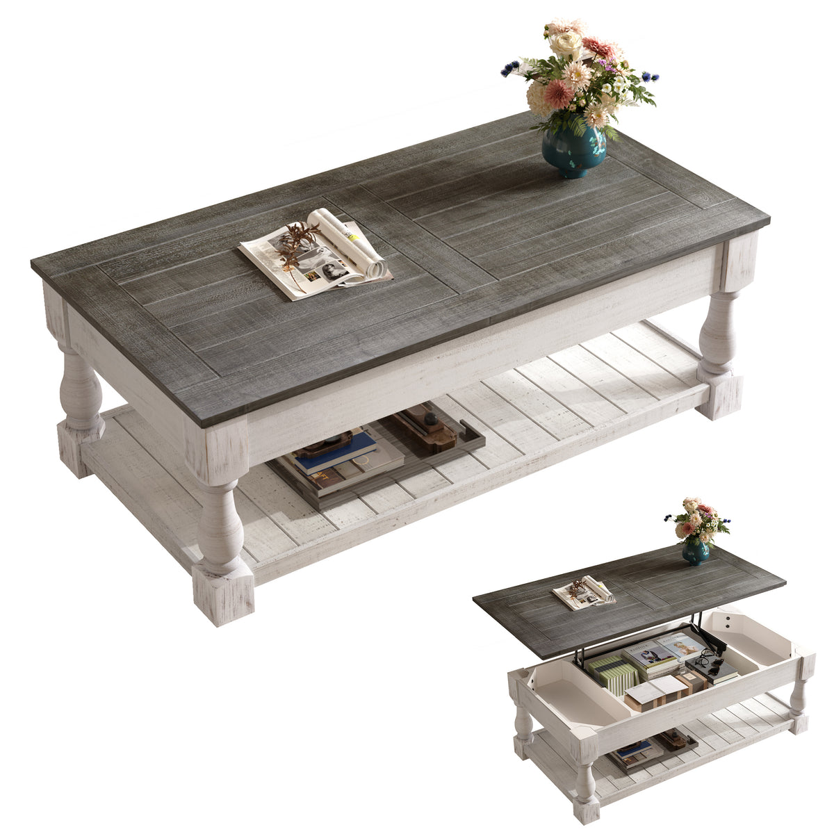 Gray and White Farmhouse Lift-Top Coffee Table with Shelf, 47.2 in