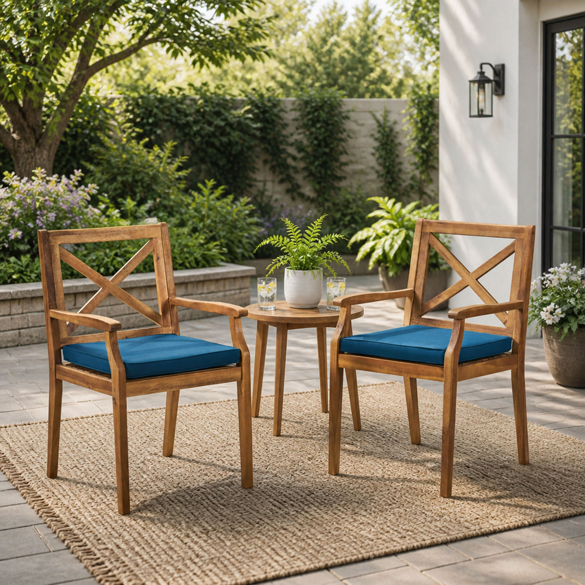 Teak Finish Solid Wood Outdoor Dining Chair with Blue Cushions, Set of 2