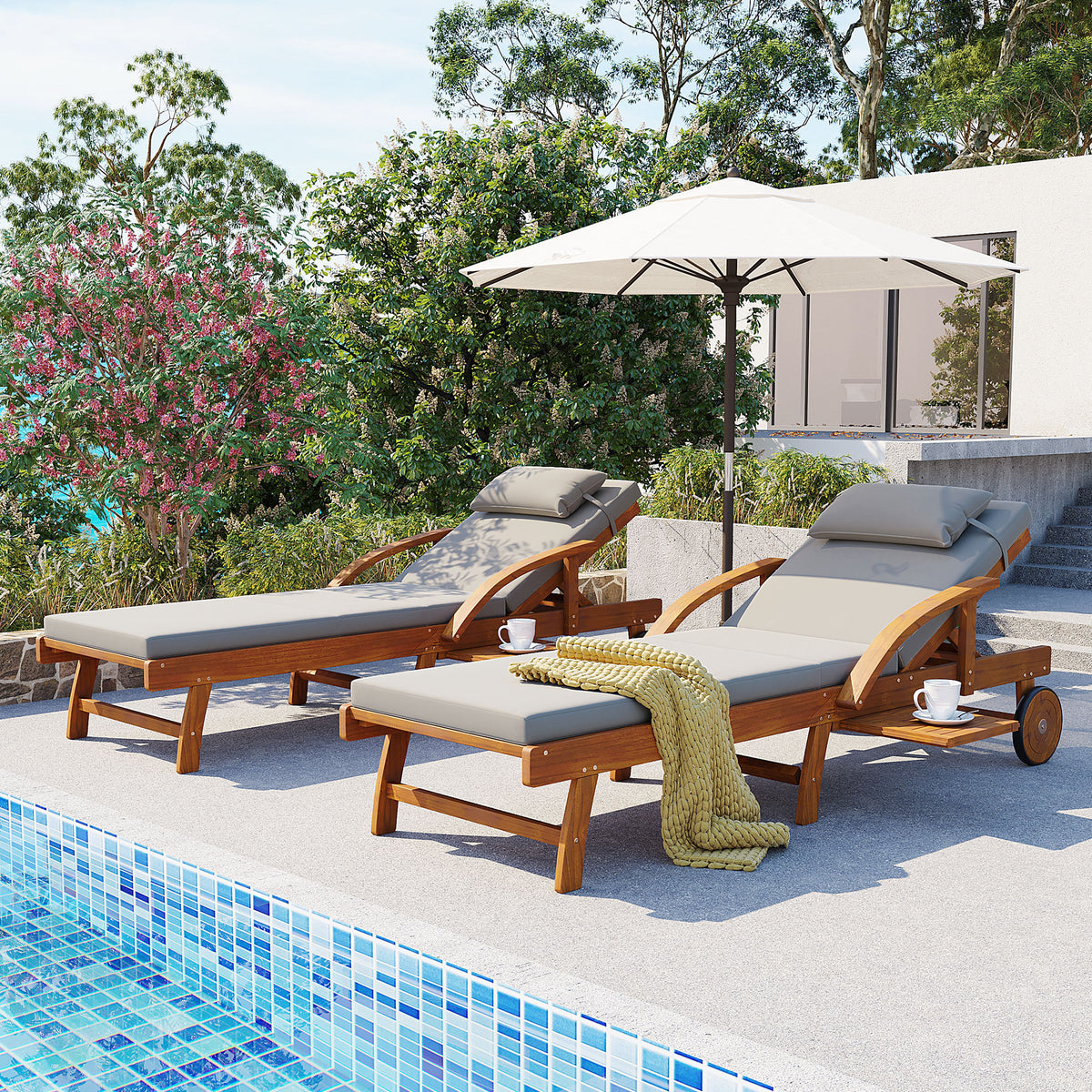 Gray Adjustable Outdoor Chaise Lounge with Cushions, Set of 2, with Headrest