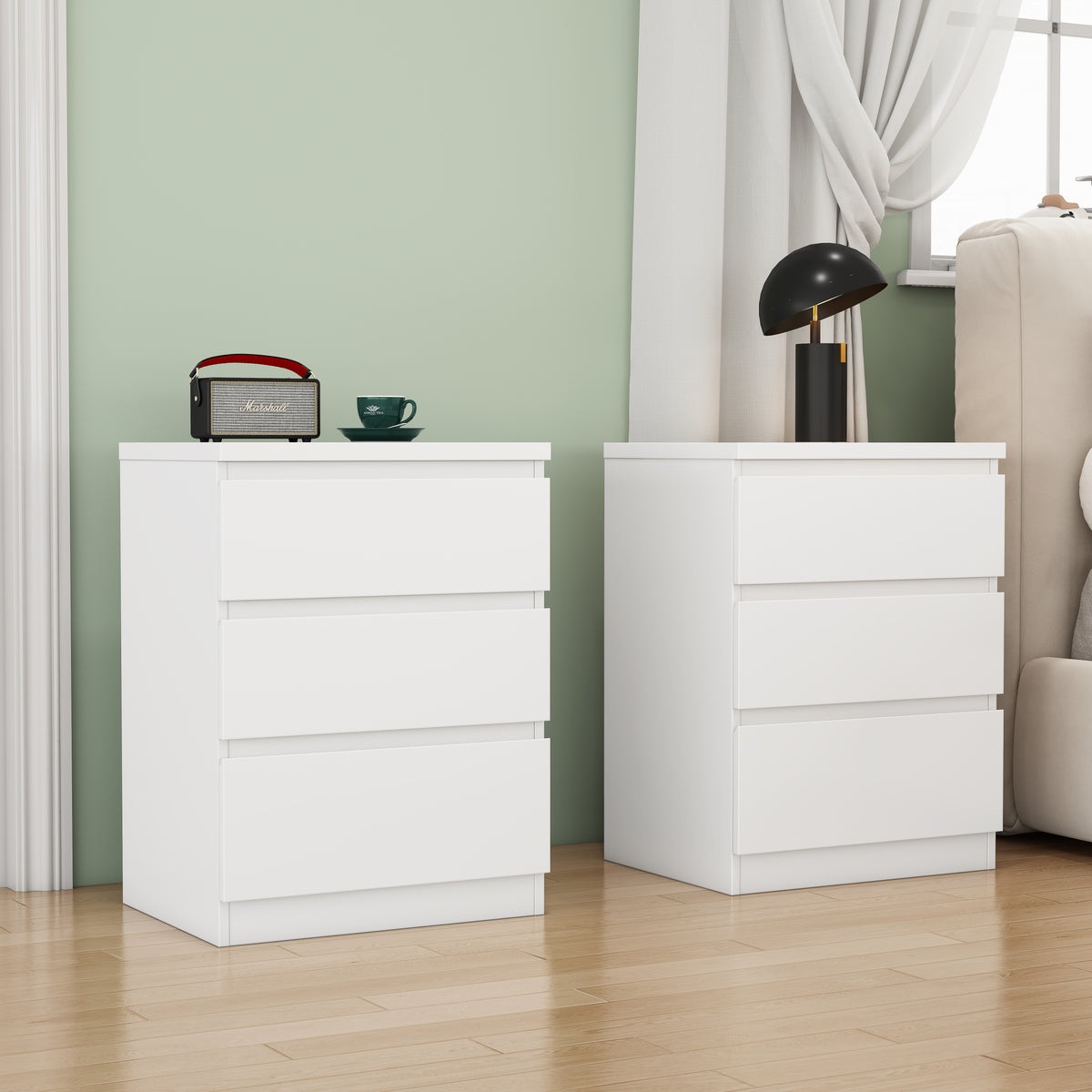 White Nightstand Set of 2 with 3 Drawers Each