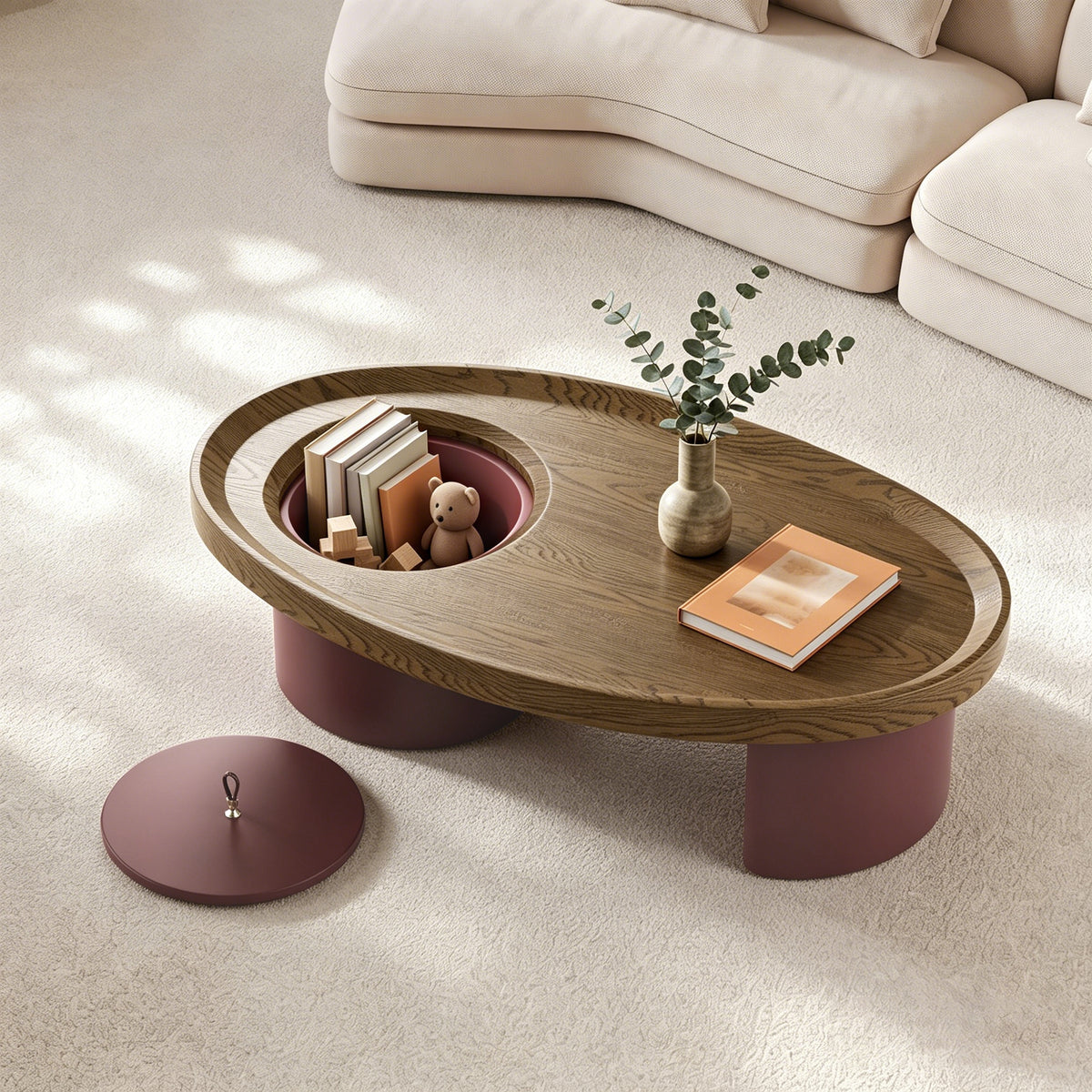 Walnut and Burgundy Mid-Century Oval Coffee Table with Storage, 45.3 in