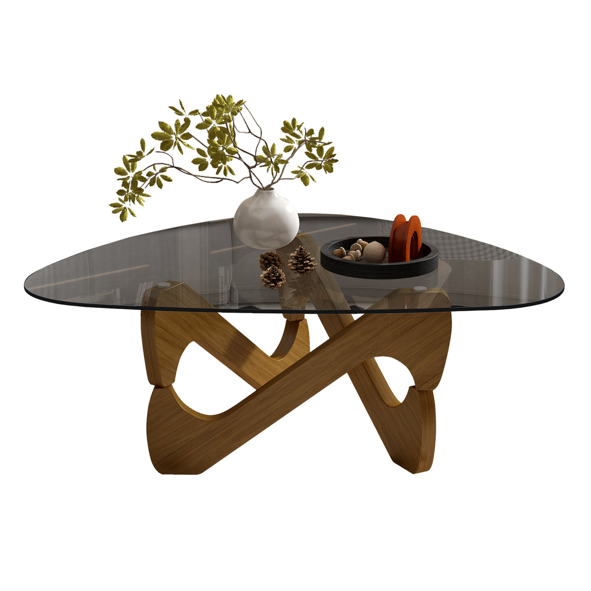 Walnut Mid-Century Glass-Top Pebble Coffee Table, 32.3 in, 14 in Tall