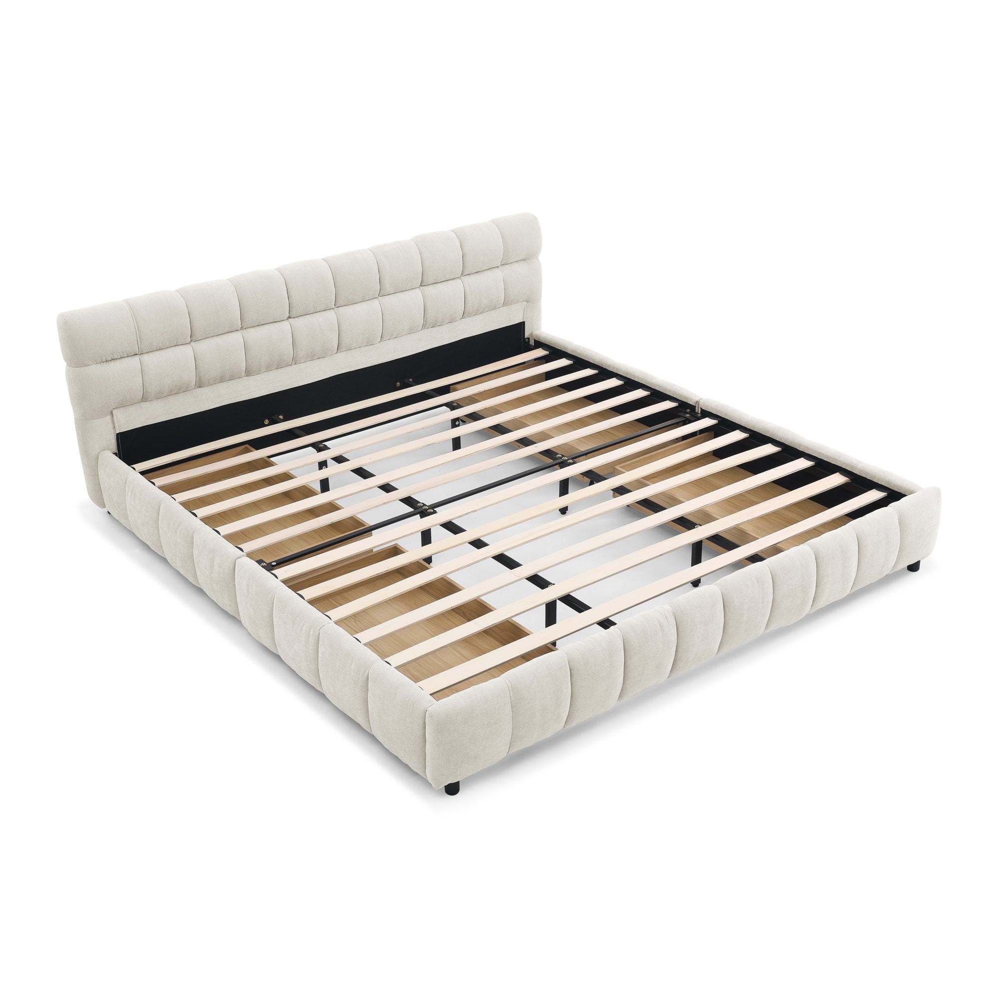 Beige chenille bed frame side profile on white background