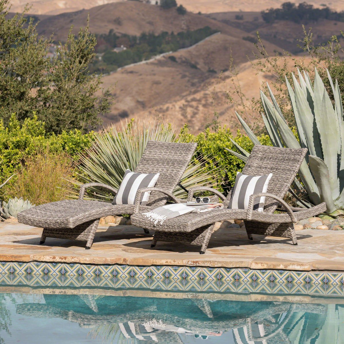 Gray Wicker Outdoor Chaise Lounge, Set of 2