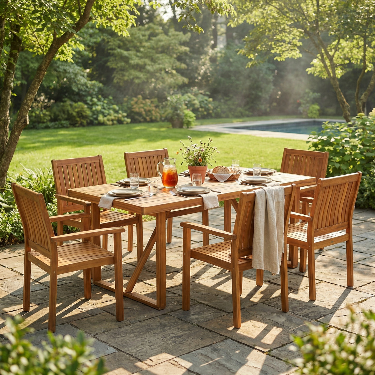Teak Finish Solid Wood 7-Piece Patio Dining Set for 6