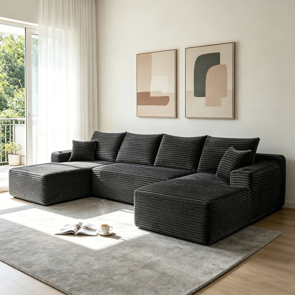 Gray U-Shaped Modular Sectional with Chaise and Cup Holders