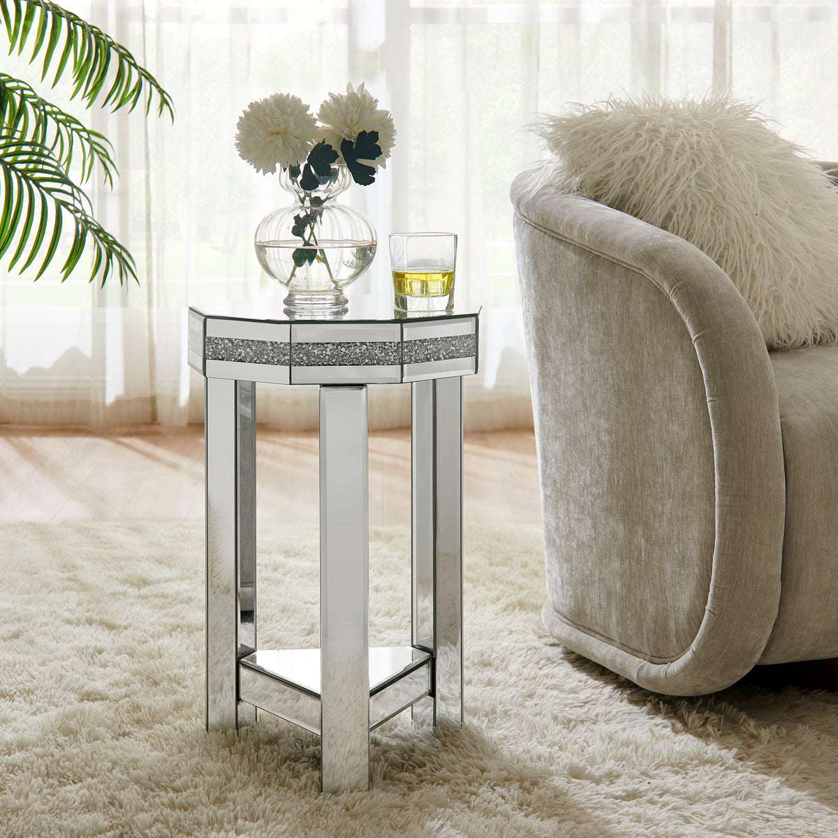 Silver Mirrored Octagon Two-Tier Side Table, 13.8 in