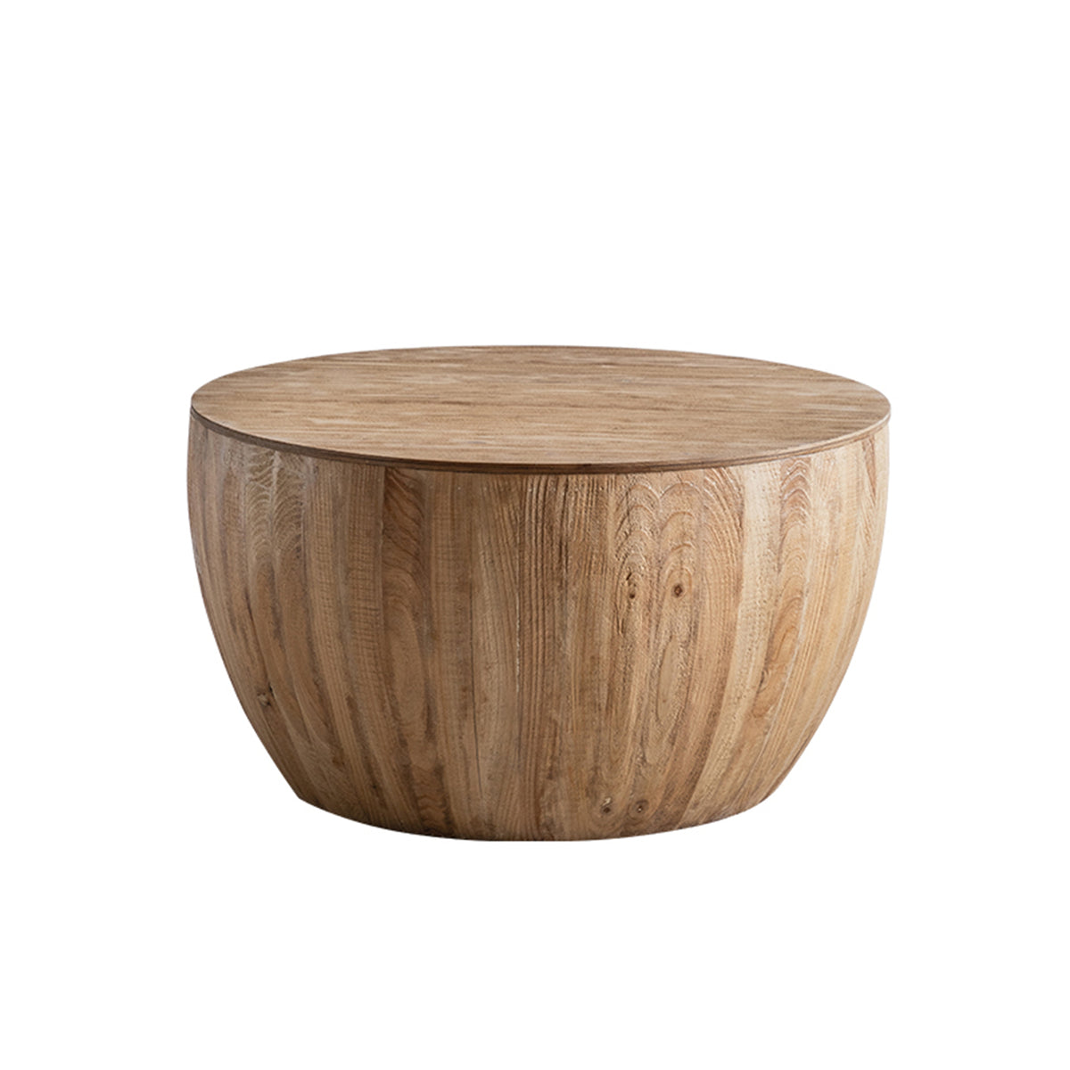 Natural Solid Wood Round Drum Coffee Table with Storage, 31.5 in