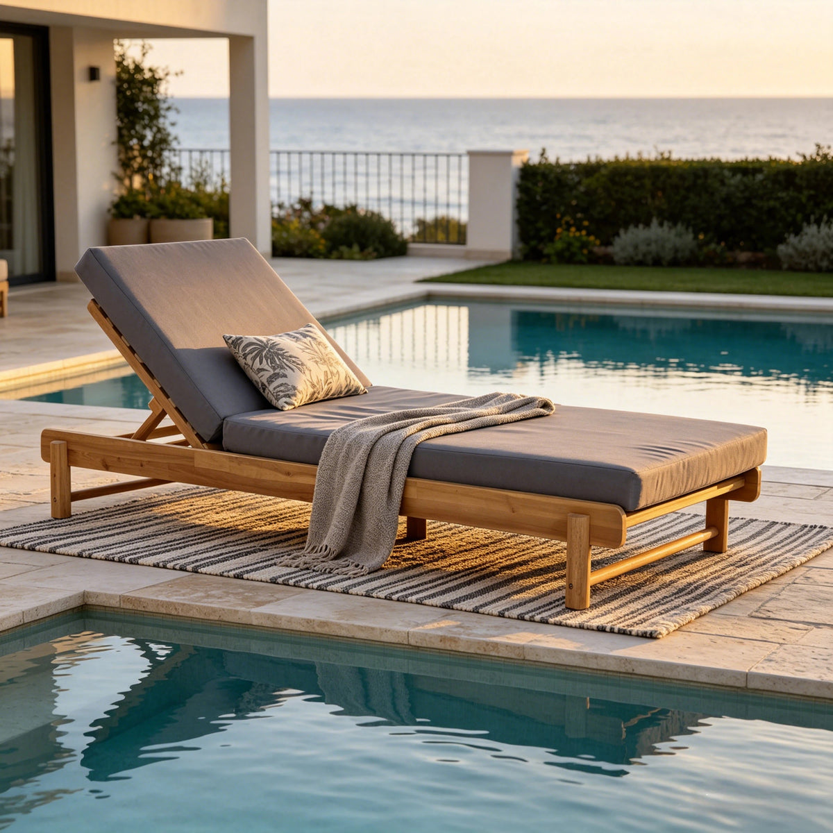 Teak Finish Solid Wood Adjustable Outdoor Chaise Lounge, Dark Gray Cushion