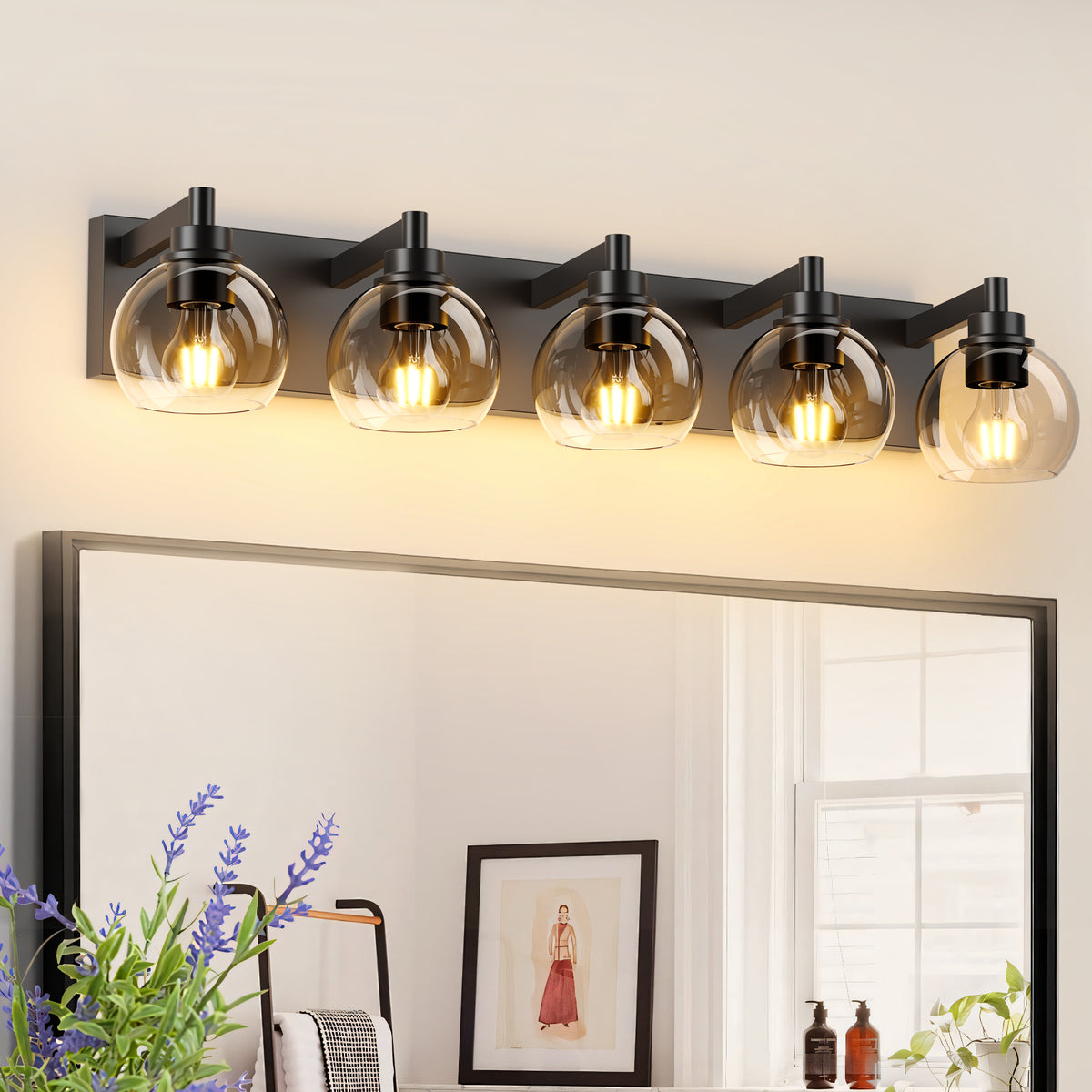 Black Globe 5-Light Vanity Light, 34 in, ‎glass Shade