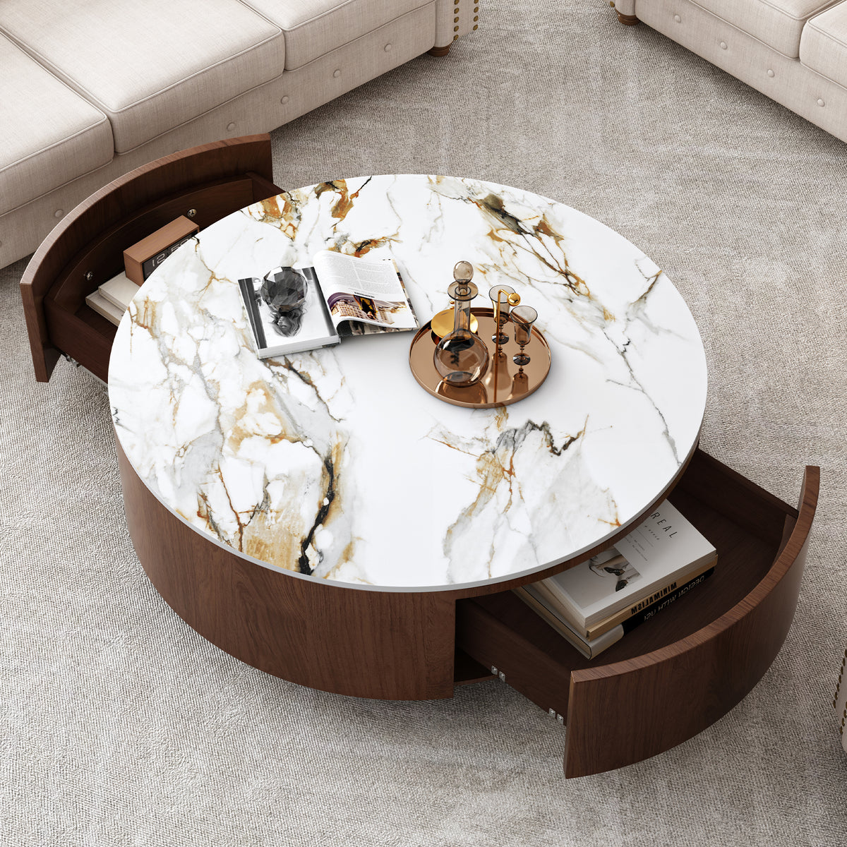 Walnut Sintered Stone Round Drum Coffee Table with Drawers, 31.5 in