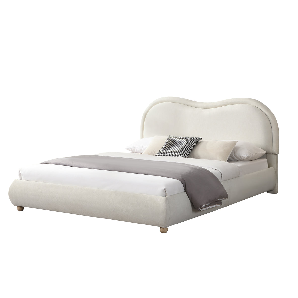 Angled studio view of beige chenille platform bed with pillows on white background