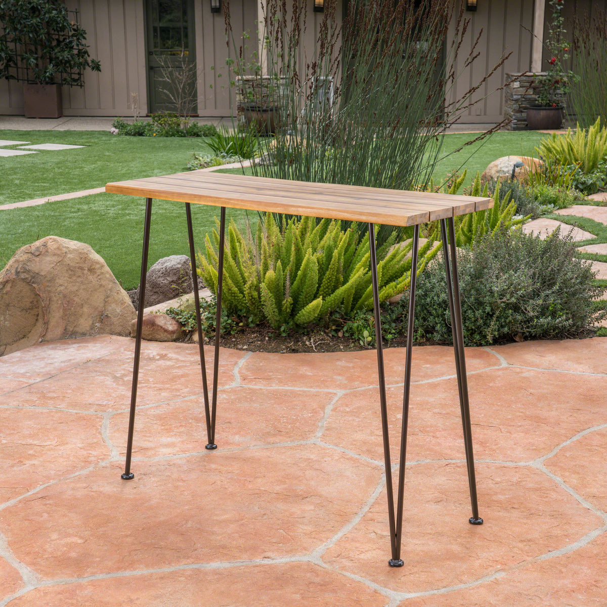 Bar Table, Industrial Acacia Wood and Metal Outdoor, Teak and Black