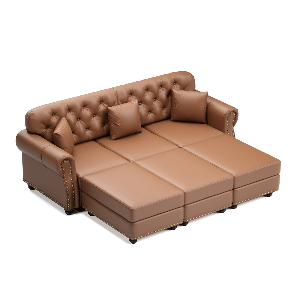 Brown Vegan Leather 3-Seat Tufted Chesterfield Sofa with 3 Ottomans