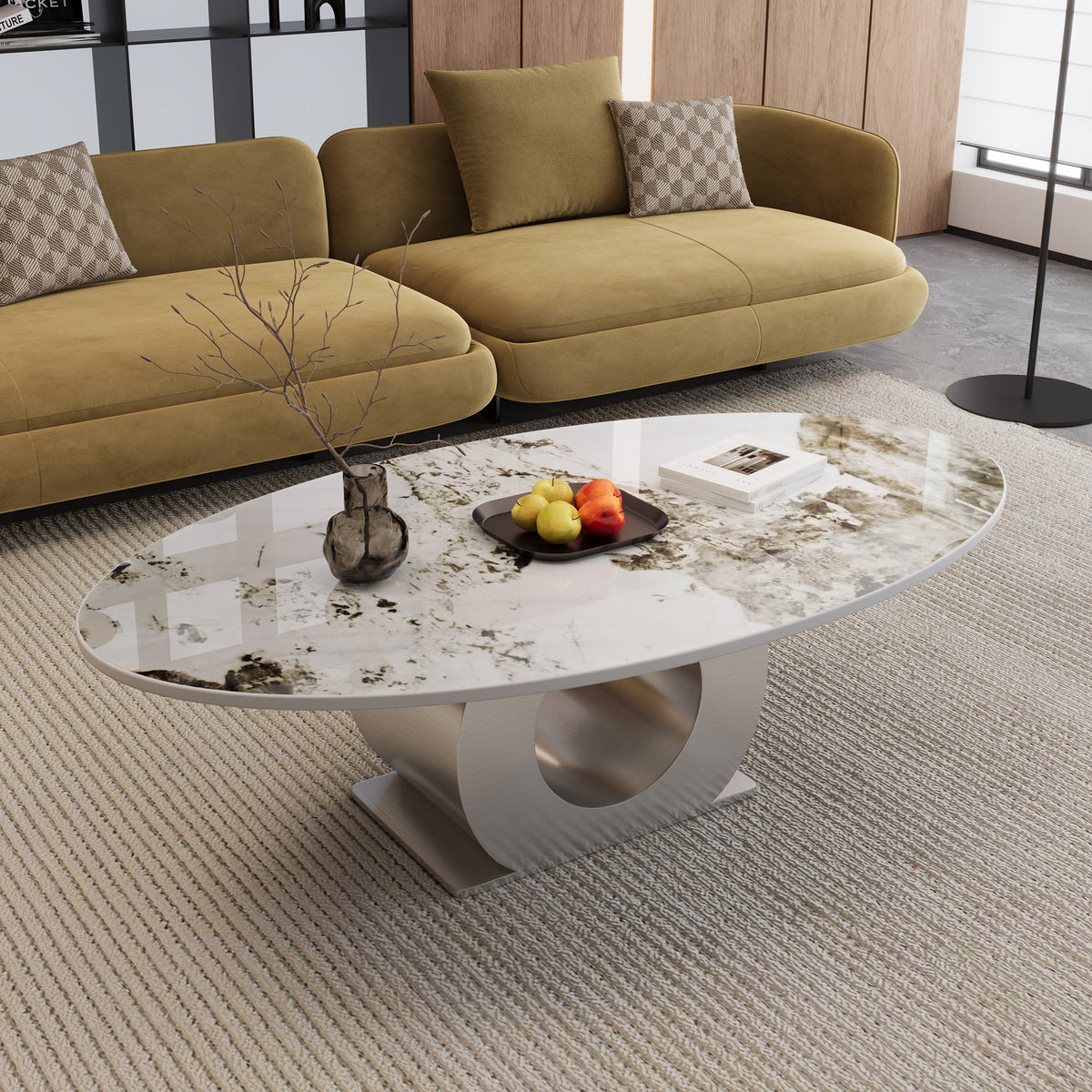 White and Silver Sintered Stone Oval Pedestal Coffee Table, 49.2 in