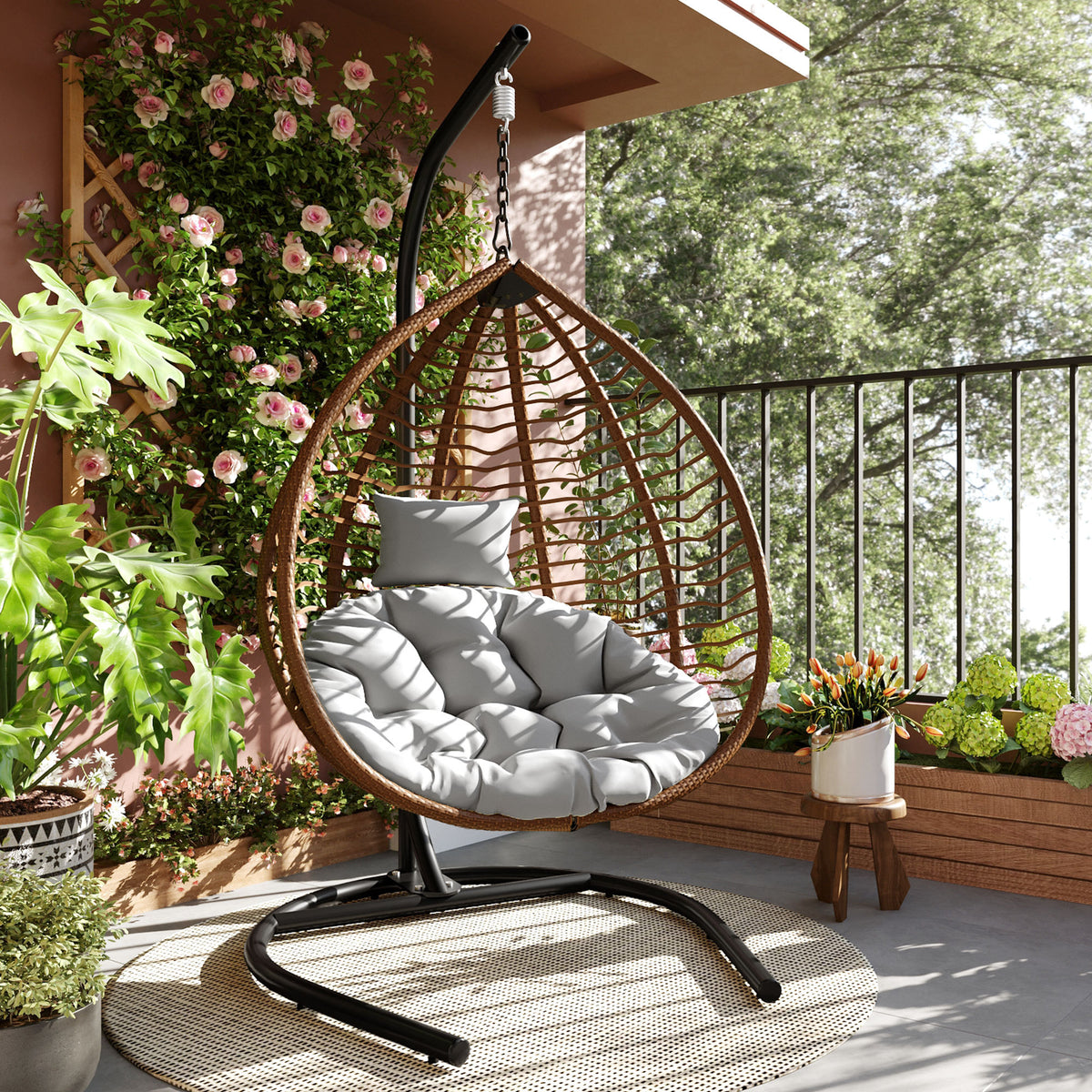 Wicker Folding Hanging Egg Chair with Stand, Brown and Gray
