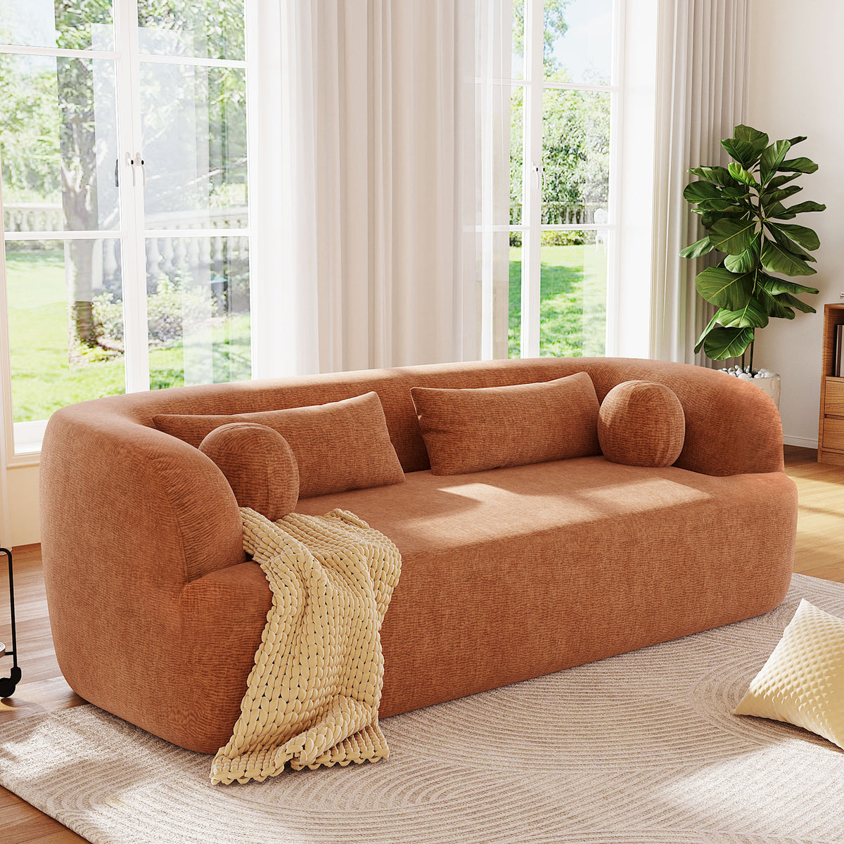Orange Chenille 3-Seat Curved Sofa, No Assembly, 86 in Wide