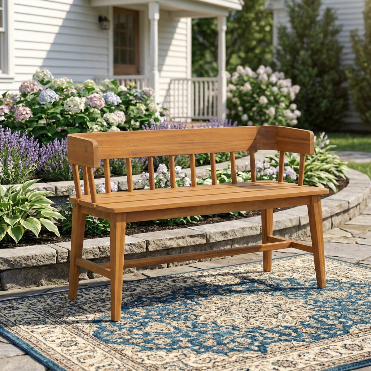 Teak Finish Solid Wood Outdoor Bench, 45.3 in Wide