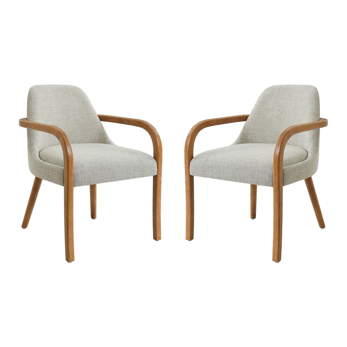 Mid-Century Dining Armchairs Set of 2, Beige Fabric, Wood Arms