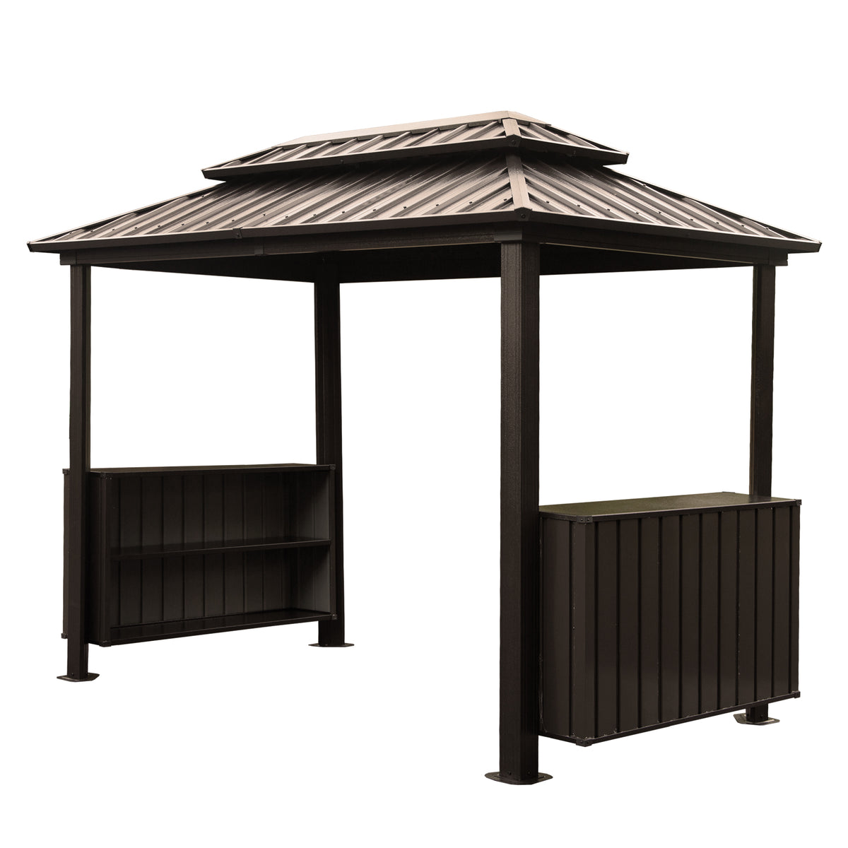 6x10 ft Brown Metal Hardtop Gazebo with Cabinets
