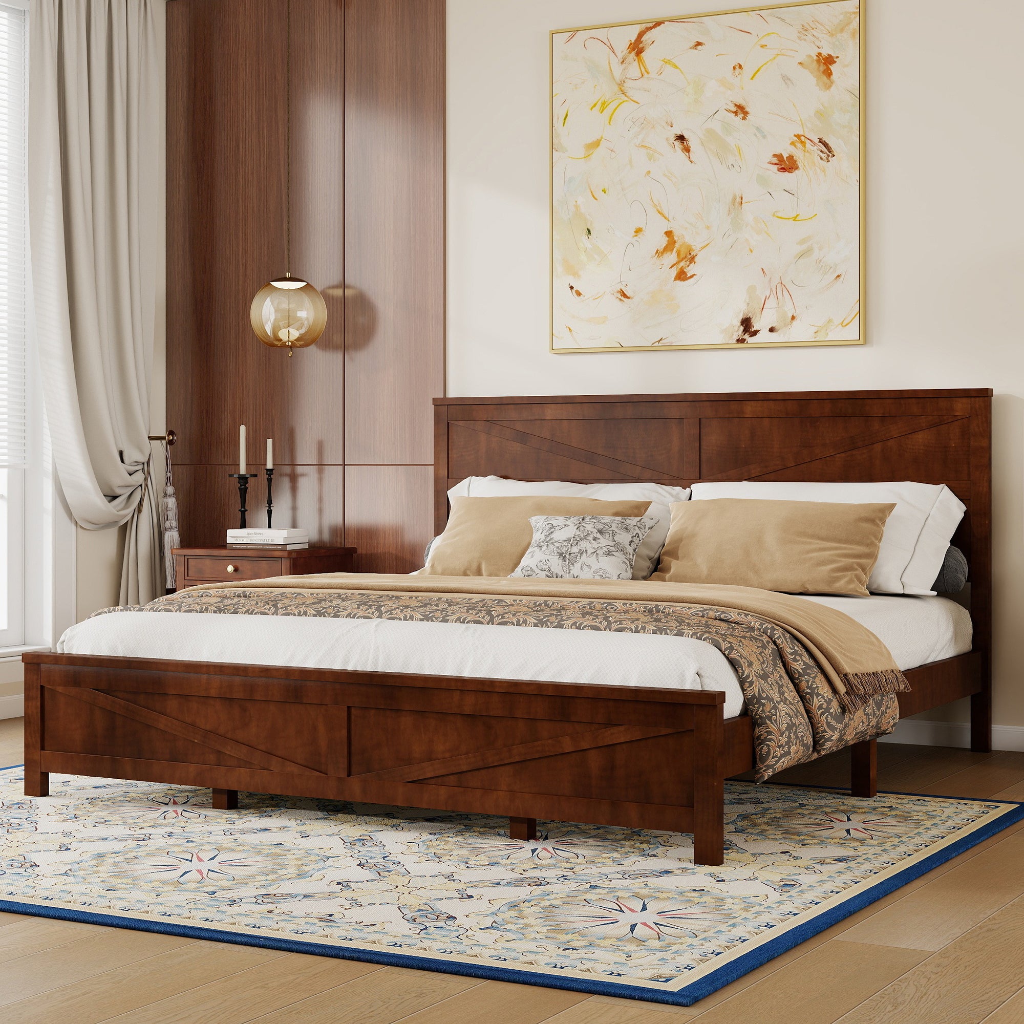 Farmhouse walnut king bed frame styled with gallery wall and lamps