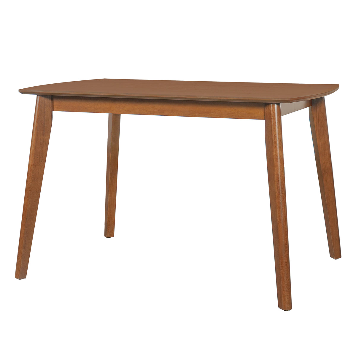 Front elevation of the brown mid-century dining table with tapered legs, plain white background