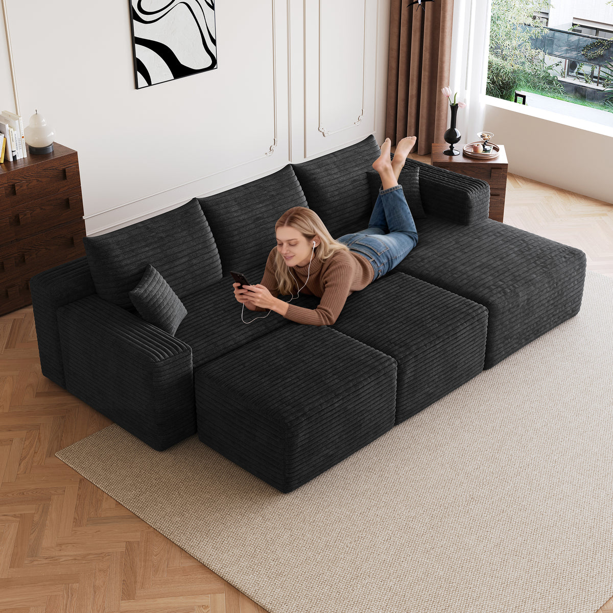 Black Corduroy L-Shaped Sectional with 2 Ottomans, 95 in, 28 in Tall