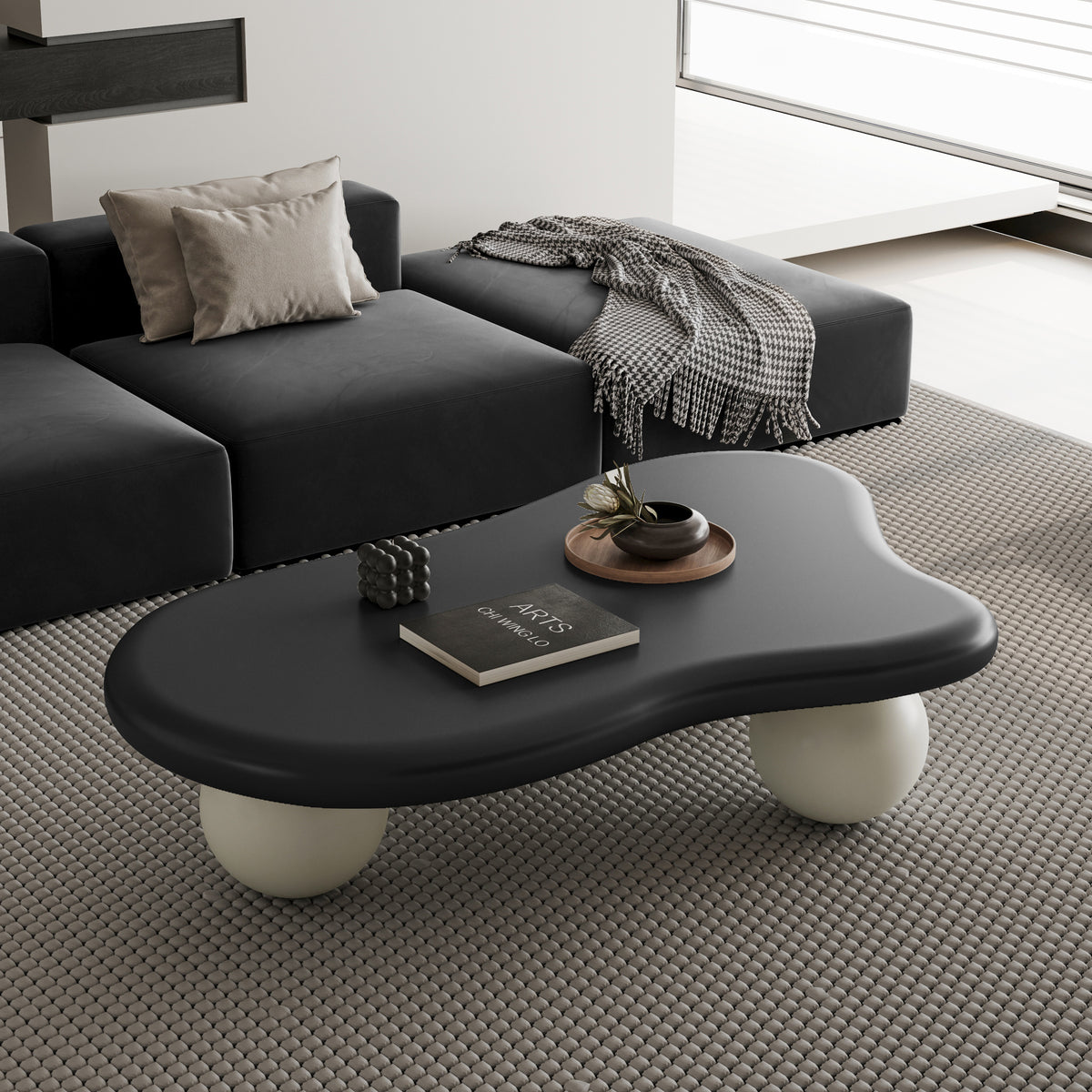Black and Cream Organic Shaped Ball Leg Coffee Table, 47.2 in