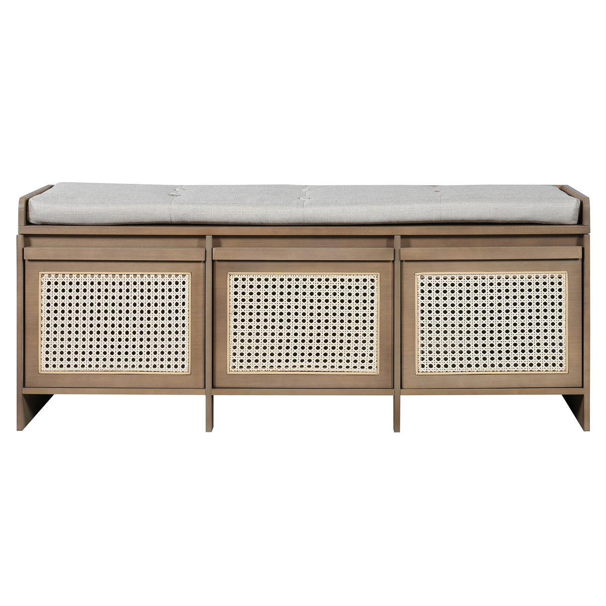 Retro Shoe Storage Bench, Natural, 3 Rattan Drawers, 48 in
