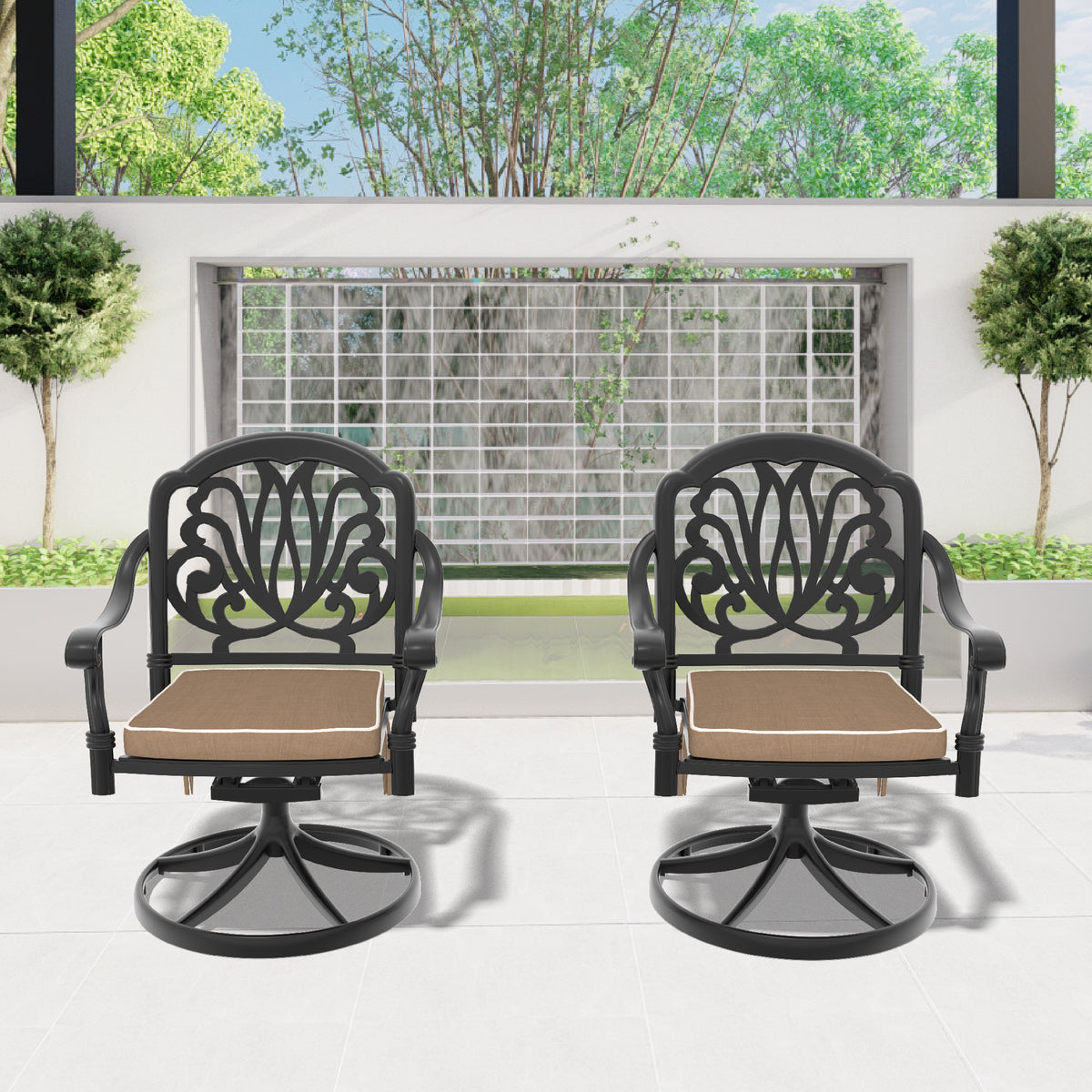 Black Aluminum Outdoor Swivel Chair with Brown Cushions, Set of 2