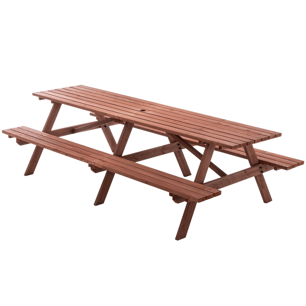 Brown Solid Wood Picnic Table with Umbrella Hole, 94.5 in Wide