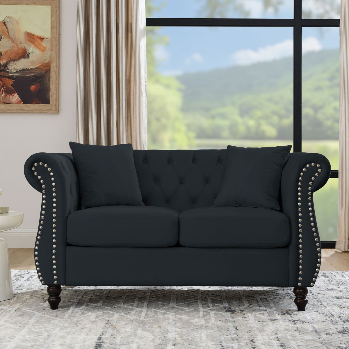 Black Velvet 2-Seat Tufted Chesterfield Sofa, Nailhead Trim