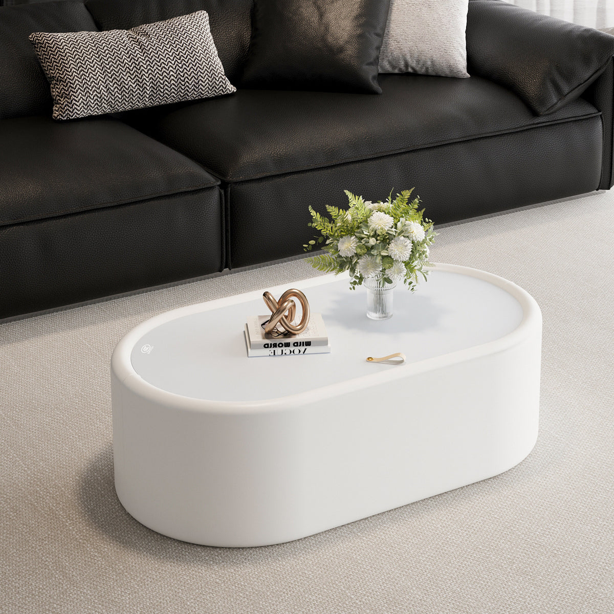 White Glass-Top Racetrack Oval Coffee Table with Storage, 33.5 in