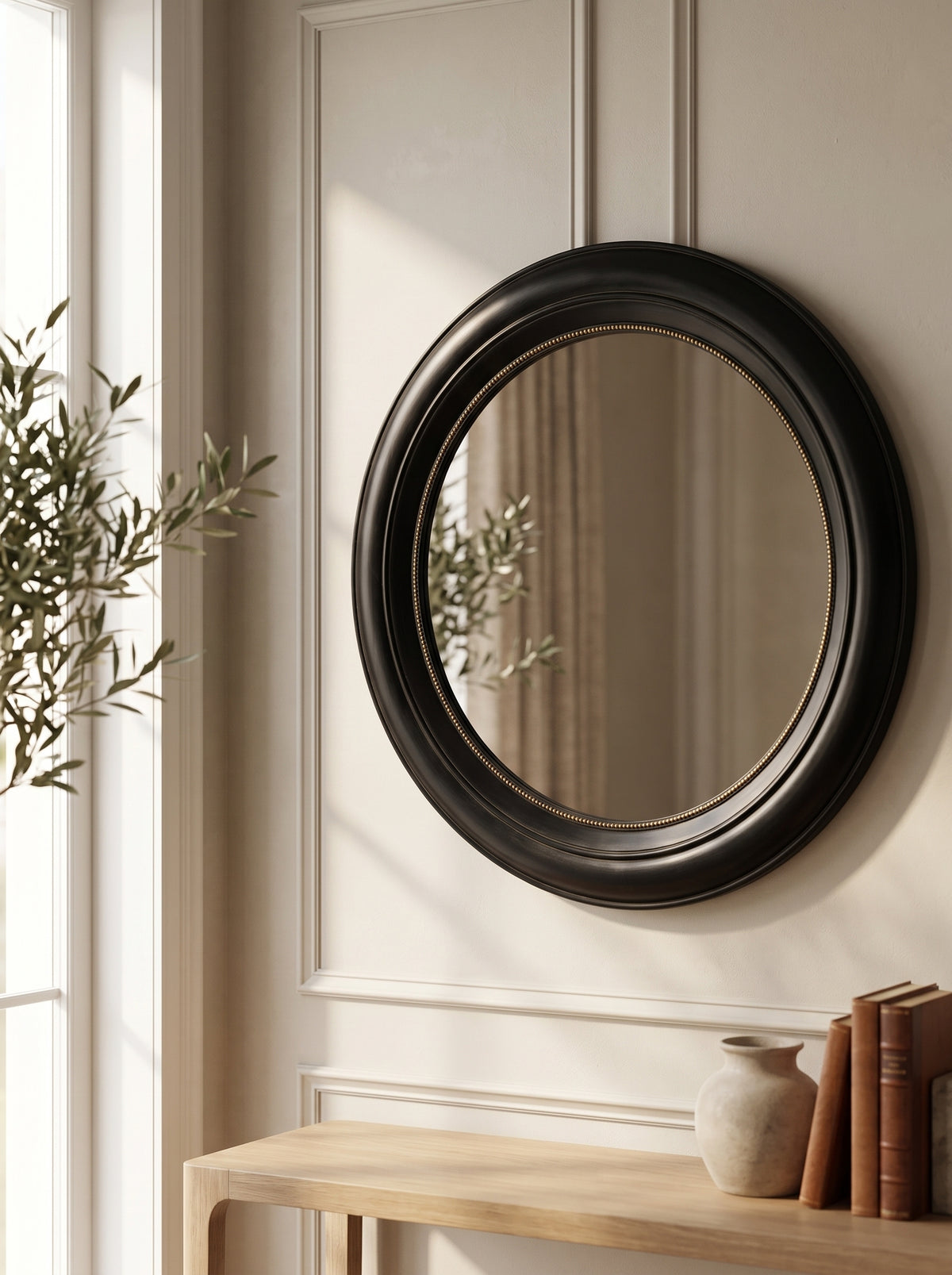 Black Round Wall Mirror with Beaded Trim
