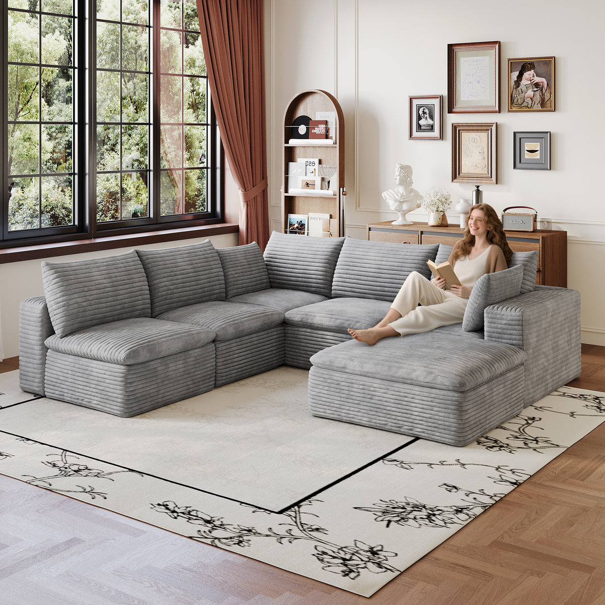 Gray Corduroy Modular 6-Seat Couch, No Assembly, 103 in Wide