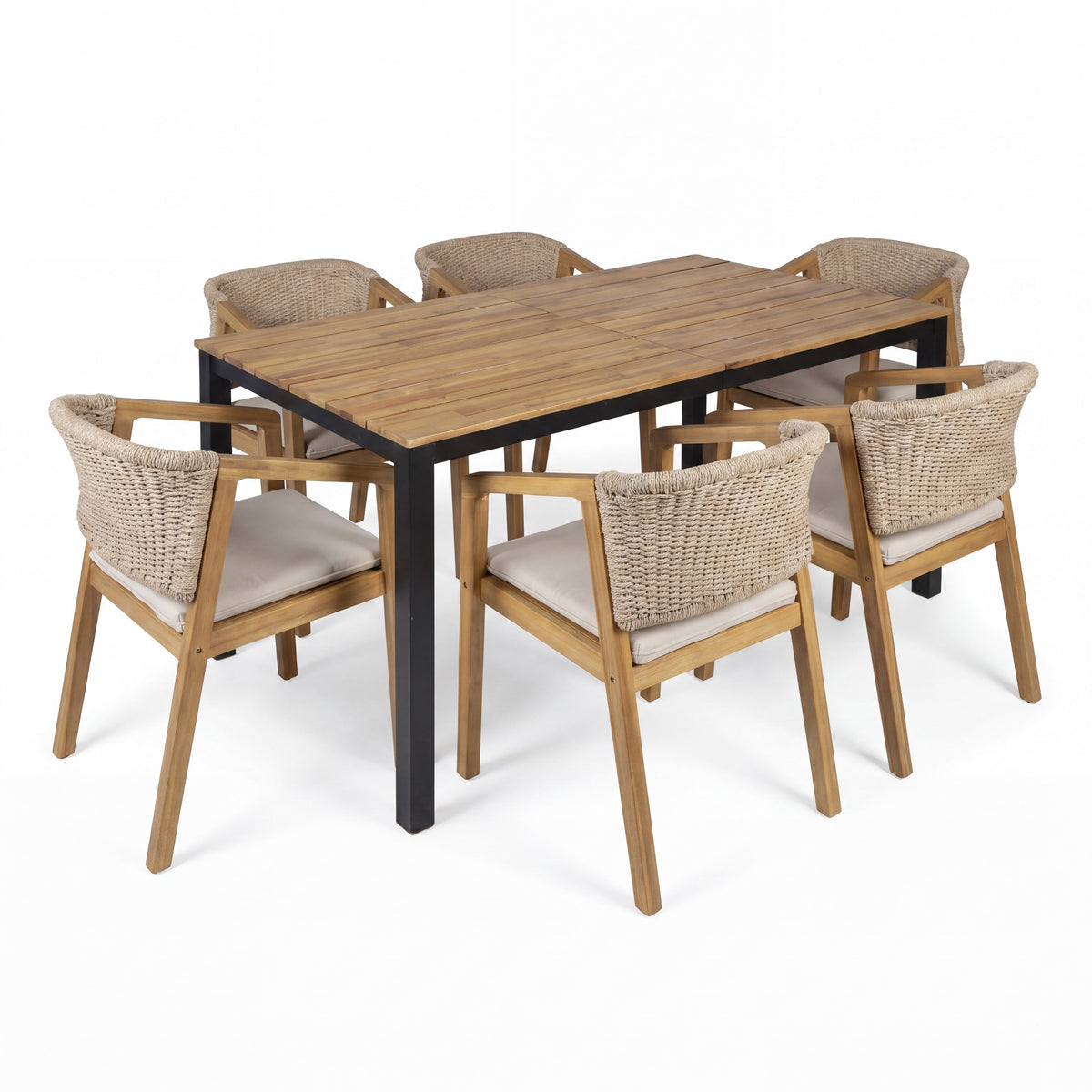 Teak Finish Wood 7-Piece Patio Dining Set for 6 with Beige Cushions
