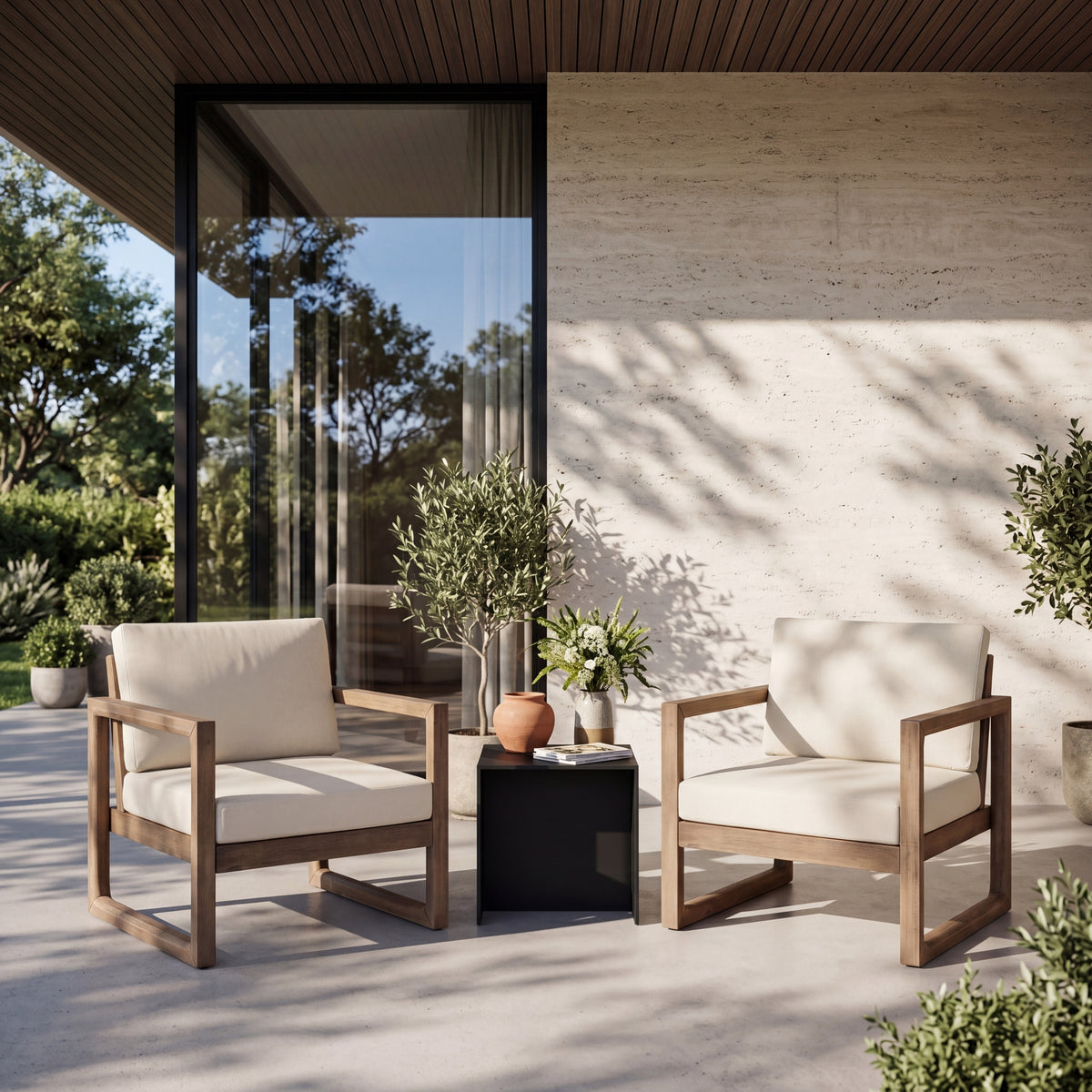 Brown Solid Wood Outdoor Club Chair with Cushions, Set of 2