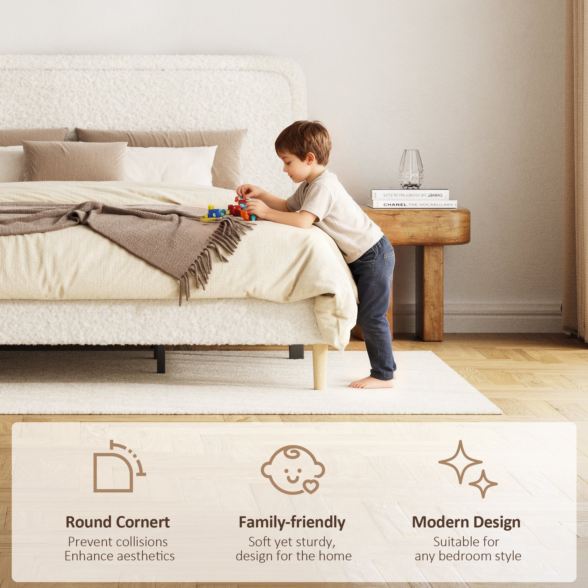 Child leaning on the beige upholstered bed, with callouts for rounded corners, family-friendly and modern design