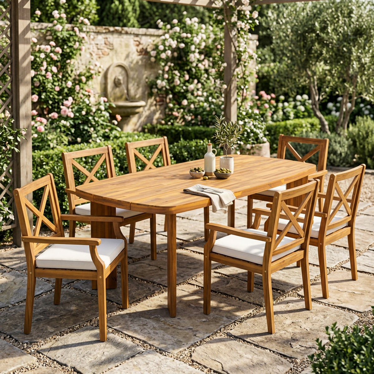 Teak Finish Solid Wood 7-Piece Patio Dining Set for 6 with Cream Cushions