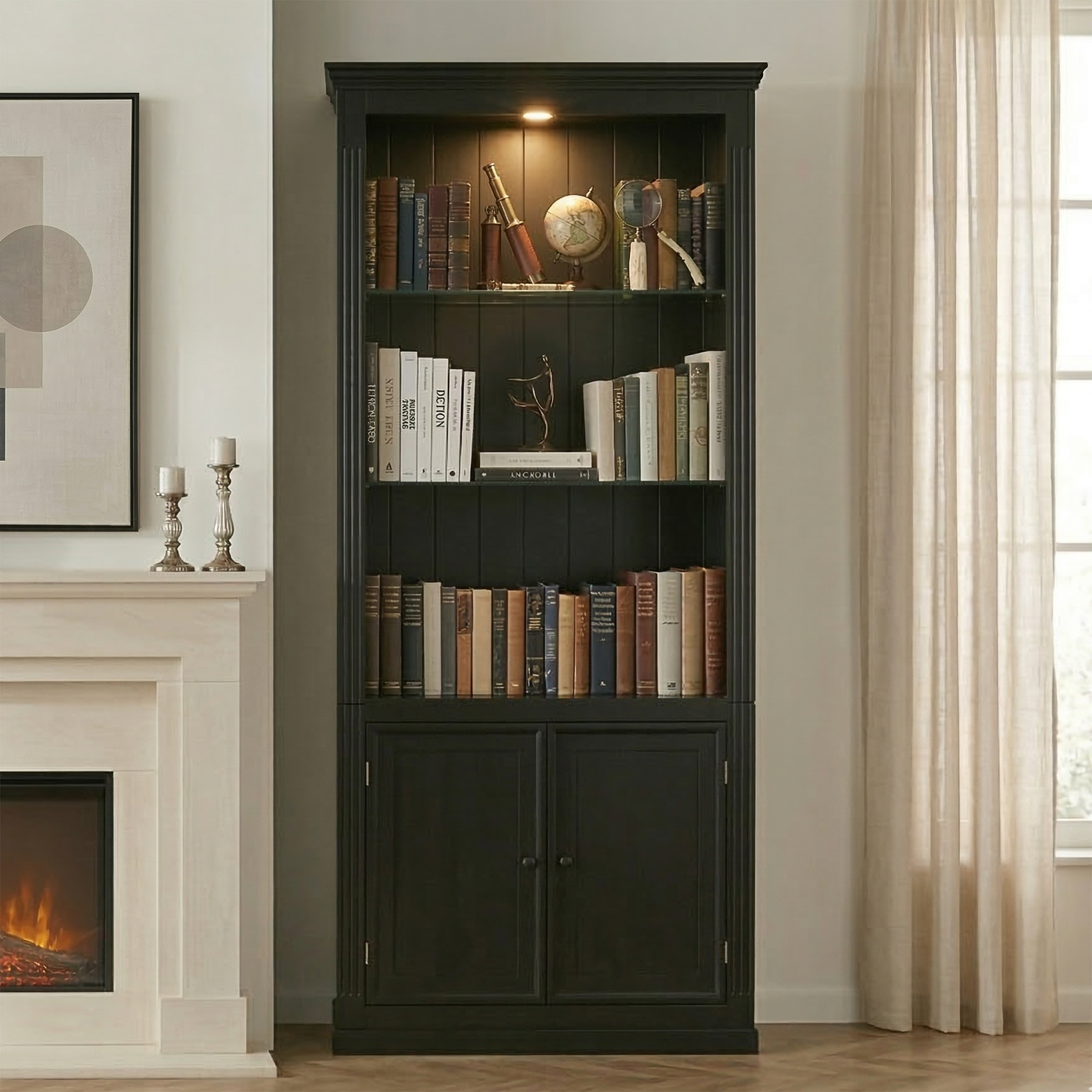 Farmhouse Bookcase, Glass Shelves, 2 Doors, LED Lighting, 78.8 in Tall, Painted