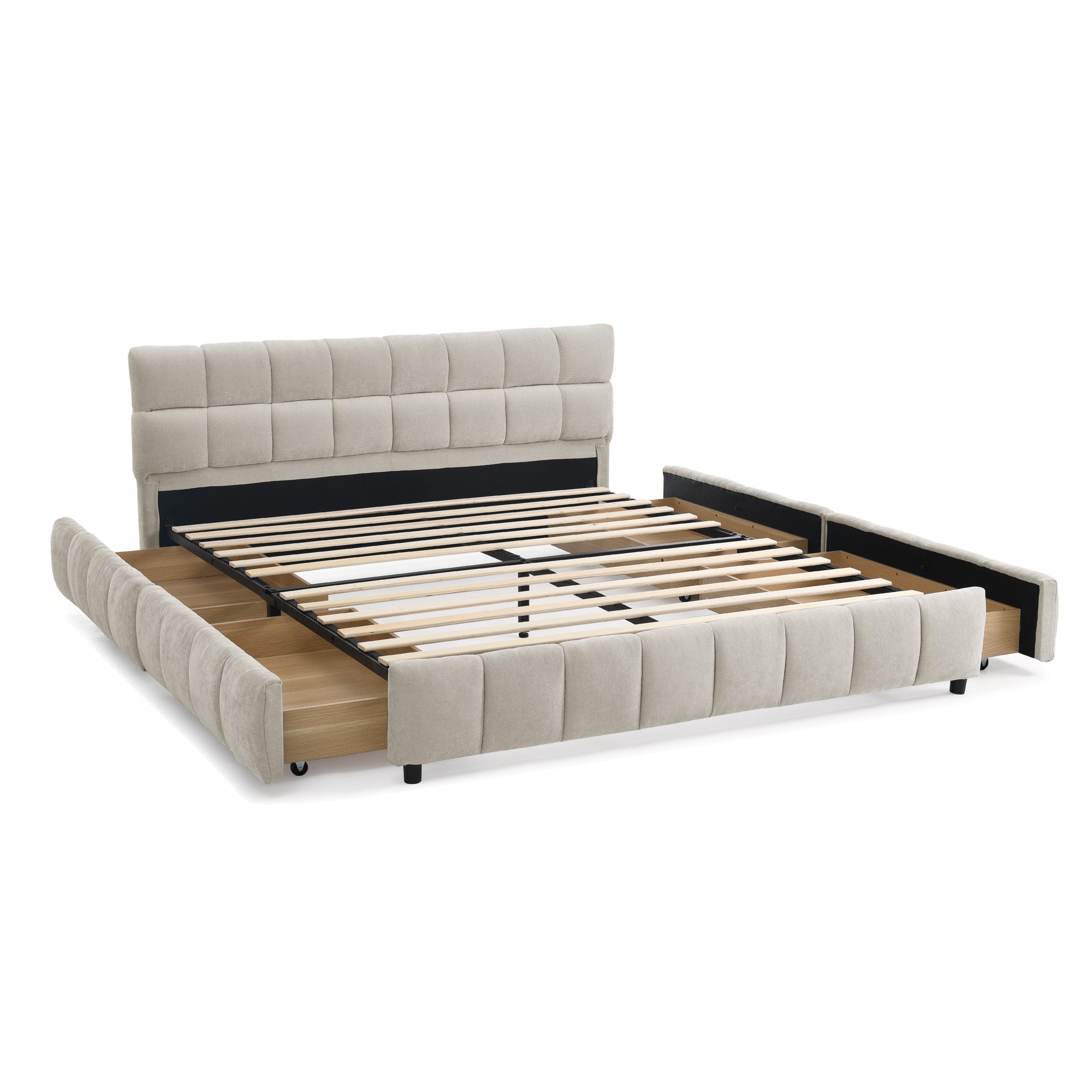 Angled bare view of the beige chenille queen bed with side storage drawers open and wood slats exposed
