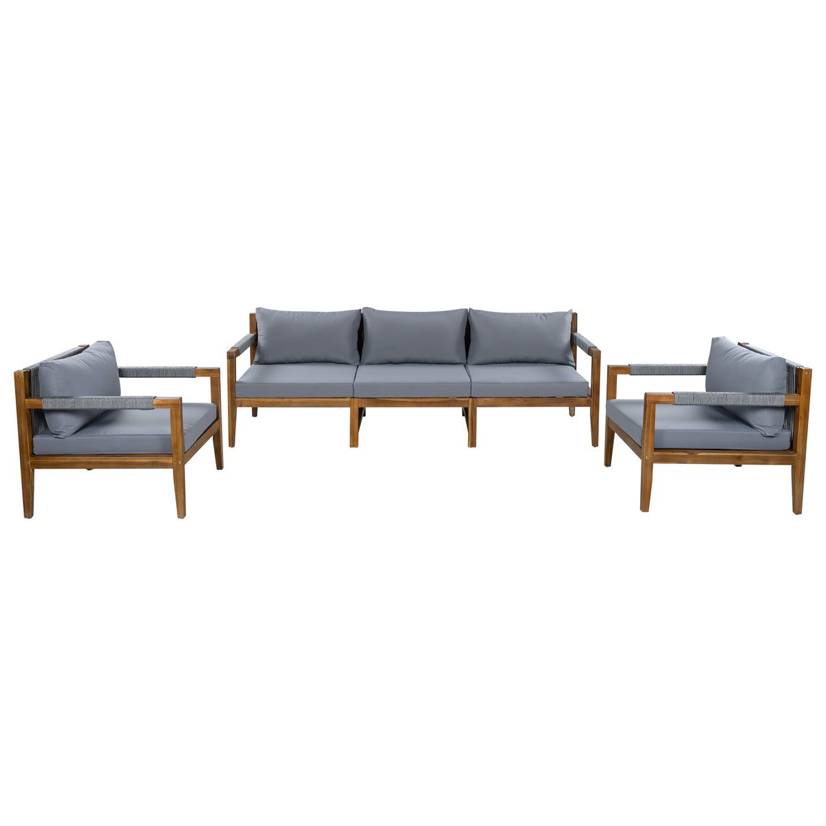 Solid Wood 3-Piece Outdoor Sectional Set with Gray Cushions