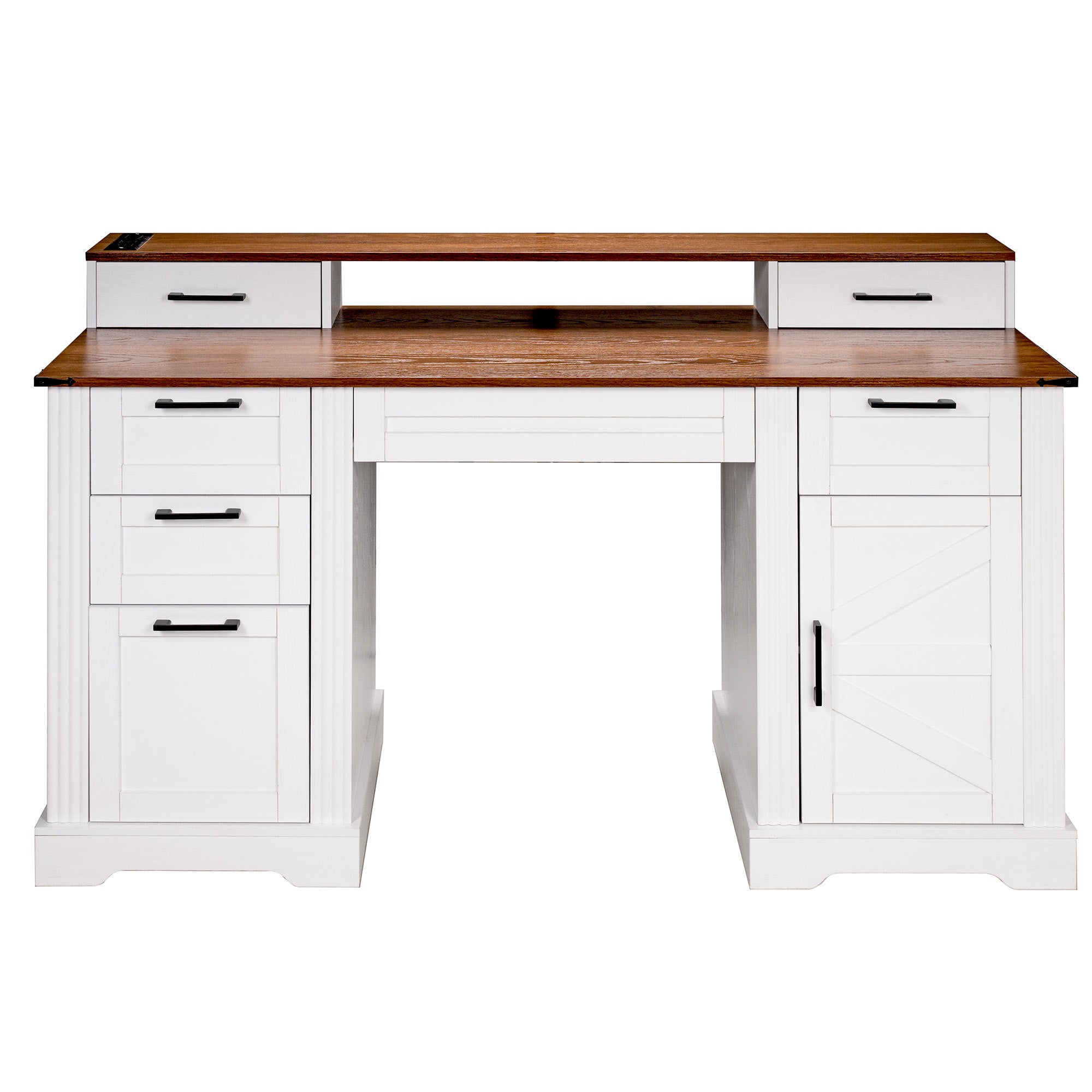 Barn Door Computer Desk with Charging Station, Keyboard Tray, 6 Drawers, 59.5 in