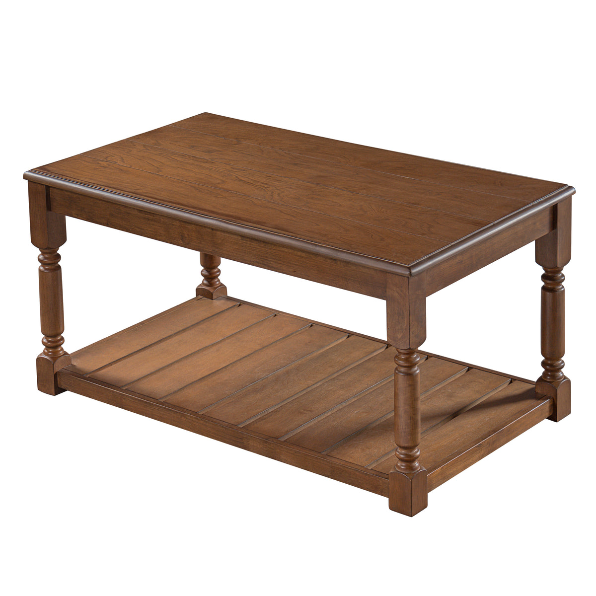 Brown Farmhouse Turned Leg Coffee Table with Shelf, 45.3 in