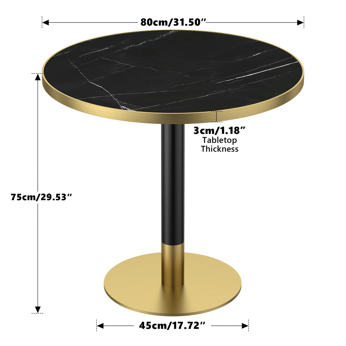 Dimension diagram of the round dining table showing 31.50 in top, 29.53 in height, 17.72 in base, 1.18 in thickness