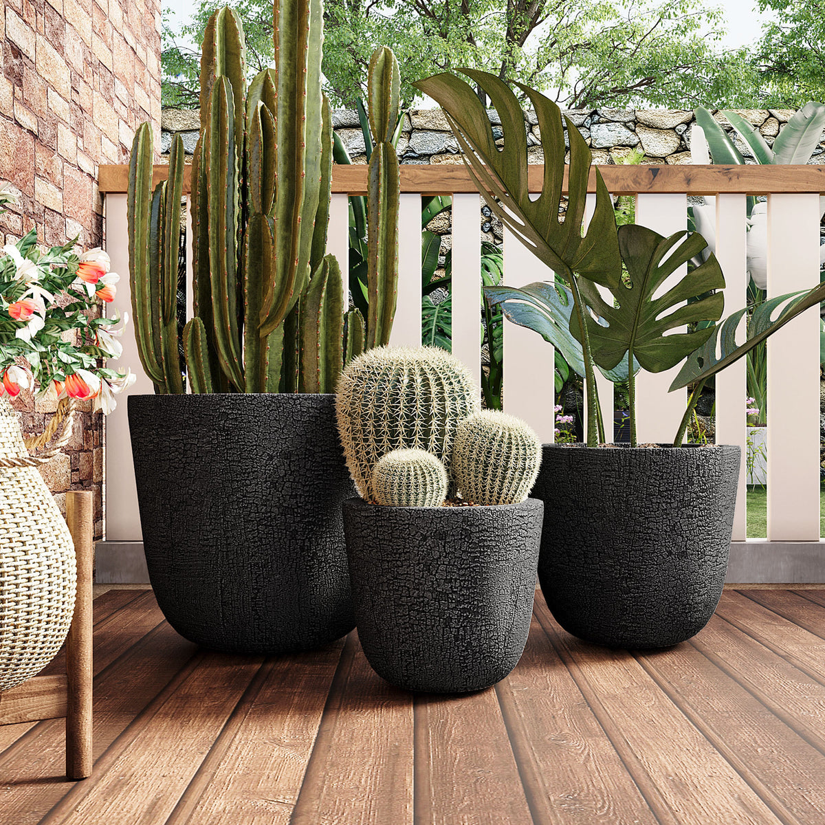 Black Round Stackable Outdoor Planter in 3 Sizes