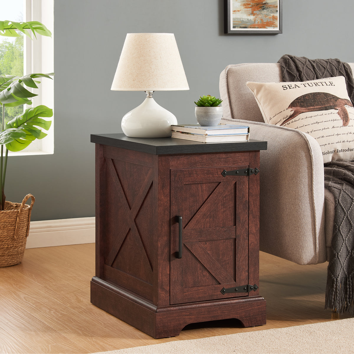 Brown Farmhouse Barn Door Side Table with Storage, 21.7 in
